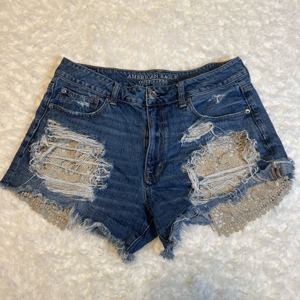 American Eagle Sz 12 Hi-Rise denim & lace festival shorts